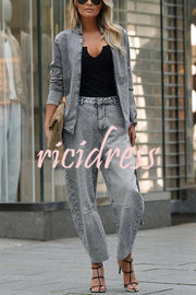 Casual Meetup Denim Stand Neck Long Sleeve Belted Loose Jacket