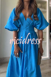 Antibes Linen Blend Princess Line Pleated Wide Puff Sleeve Midi Dress