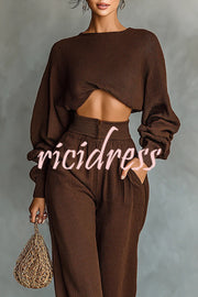 Solid Color Textured Fabric Round Neck Long-sleeved Top + High Waist Casual Pocket Wide-leg Pants Set