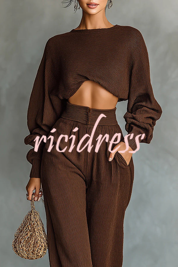 Solid Color Textured Fabric Round Neck Long-sleeved Top + High Waist Casual Pocket Wide-leg Pants Set