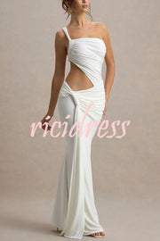Sexy One-shoulder Backless Ribbon Pleated Slim Maxi Dress