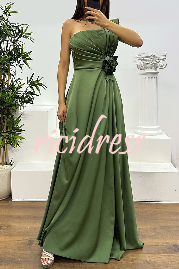 Nasha Satin Pleated One Shoulder Petal Gemstone Detail Pocket Slit Maxi Dress