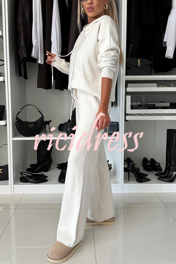 Solid Color Loose Hooded Tie Sweatshirt and Elastic Waist Casual Straight Pants Set