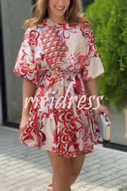 Unique Printed Round Neck Short Sleeve Waist Tie Vacation Mini Dress