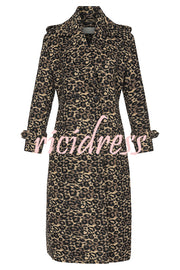 Leopard Affair Animal Print Epaulettes Long Sleeve Pocketed Lapel Midi Trench Coat