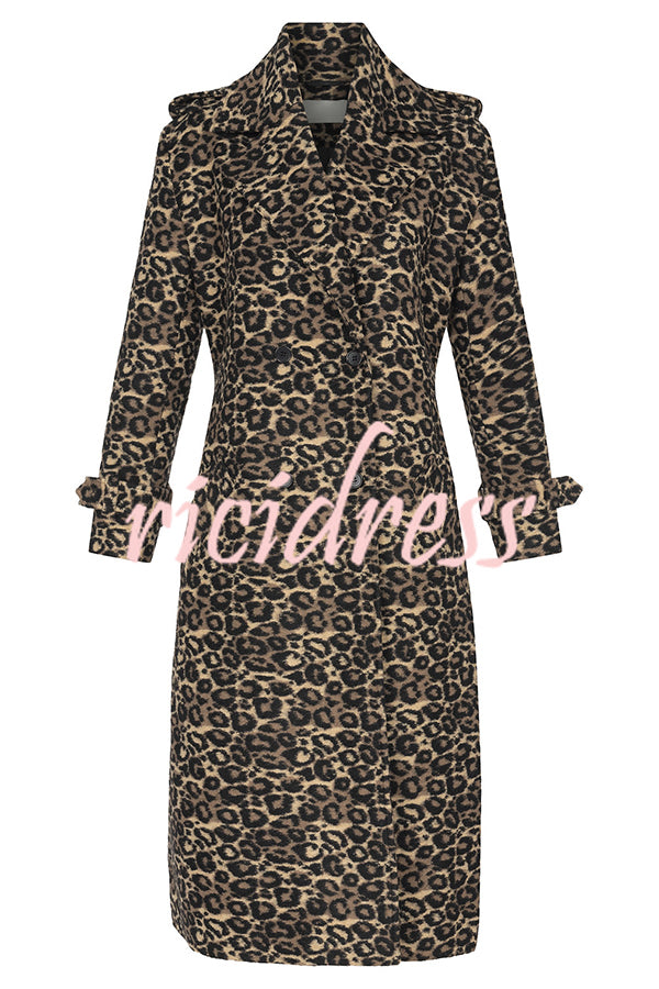 Leopard Affair Animal Print Epaulettes Long Sleeve Pocketed Lapel Midi Trench Coat