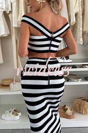 Sexy Elegant Striped Metal Button Off Shoulder Top and High Rise Slit Stretch Skirt Set