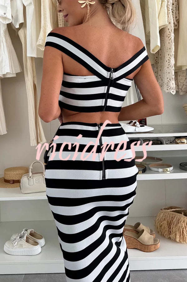 Sexy Elegant Striped Metal Button Off Shoulder Top and High Rise Slit Stretch Skirt Set