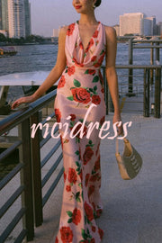 Rose Print Sexy Halter Neck Strappy Backless Slim Fit Maxi Dress