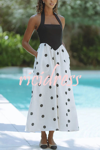 Kai Linen Blend Colorblock Polka Dot Print Halter Pocketed Midi Dress