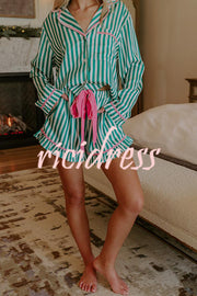 Merry and Bright Satin Striped Color-block Trim Loose Shirt and Elastic Waist Pocket Pajama Set