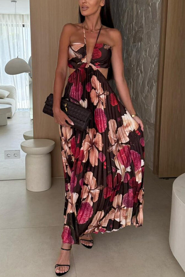 Casey Satin Floral Print Cutout Halter Back Tie-up Pleated Maxi Dress
