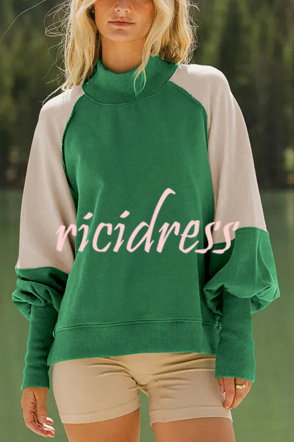 Fashionable Contrast Color Stitching Long Sleeve Loose Sweatshirt