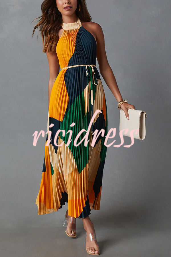 Eden Abstract Geometric Print Pleated Halter Backless Midi Dress