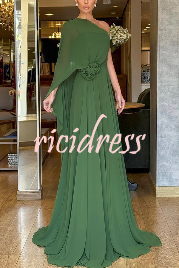 Iriena Chiffon One Shoulder Rose Decoration Waist Formal Maxi Dress