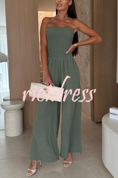 Linen Blend Solid Color Off-the-shoulder Pleated Casual Pocket Wide-leg Jumpsuit