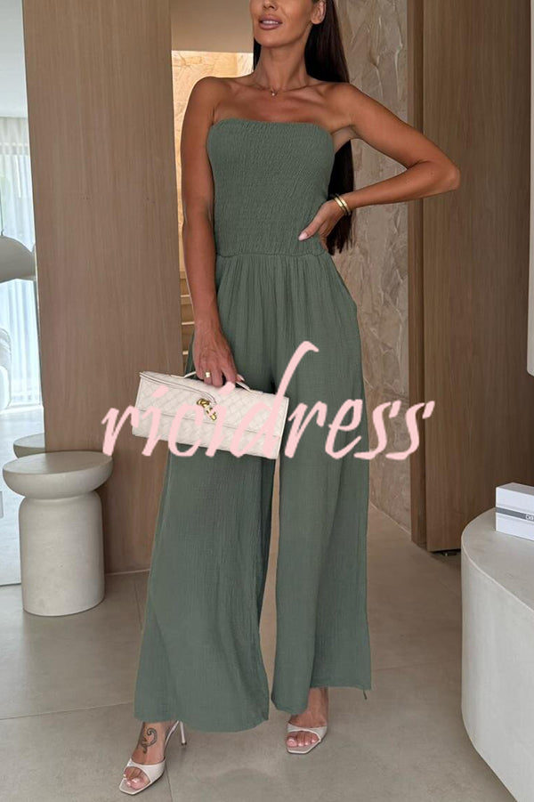 Linen Blend Solid Color Off-the-shoulder Pleated Casual Pocket Wide-leg Jumpsuit