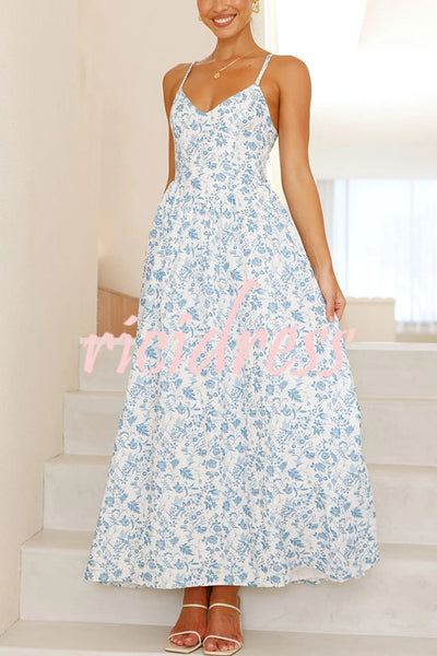 Floral Print V-Neck Sleeveless Back Tie Pocket Maxi Dress