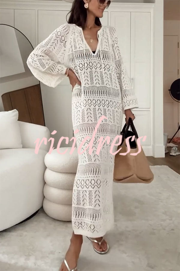 Hollie Knit Unique Pattern Tie-up Long Sleeve Cover-Up Midi Dress