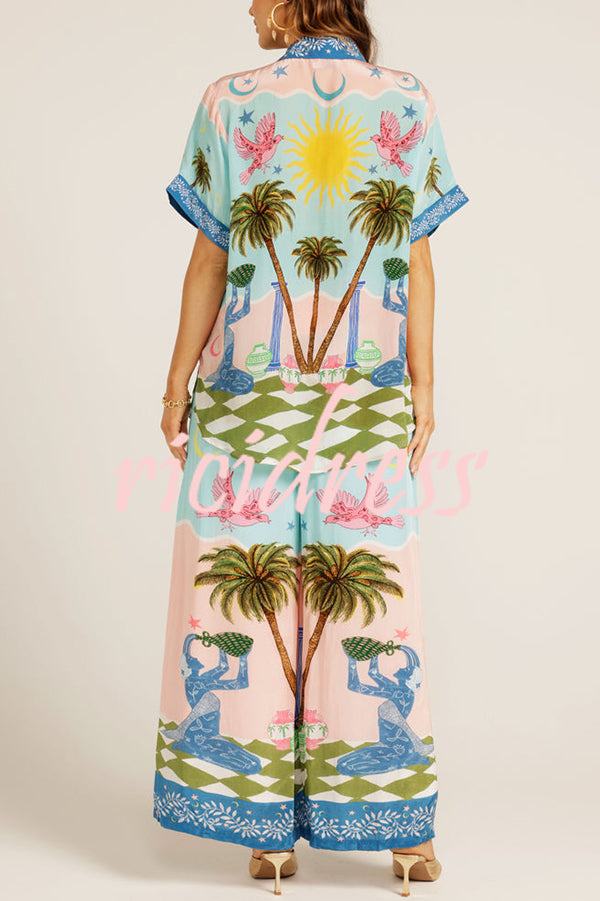 Summer Vacation Printed Short-sleeved Loose Shirt and Elastic Waist Pocket Pants Set