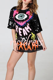 Love Eyes Letters Sequined Round Neck Short Sleeve Mid-Length Loose T-Shirt