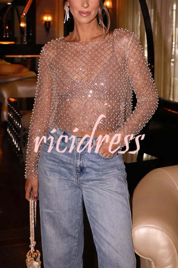 Champagne Kiss Sparkling Pearls Long Sleeve Loose Sheer Top