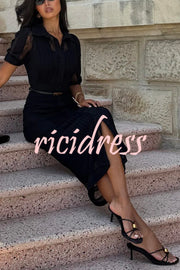 Lysette Lace Trim Pleated Button Up Short Sleeve Shirt Midi Dress