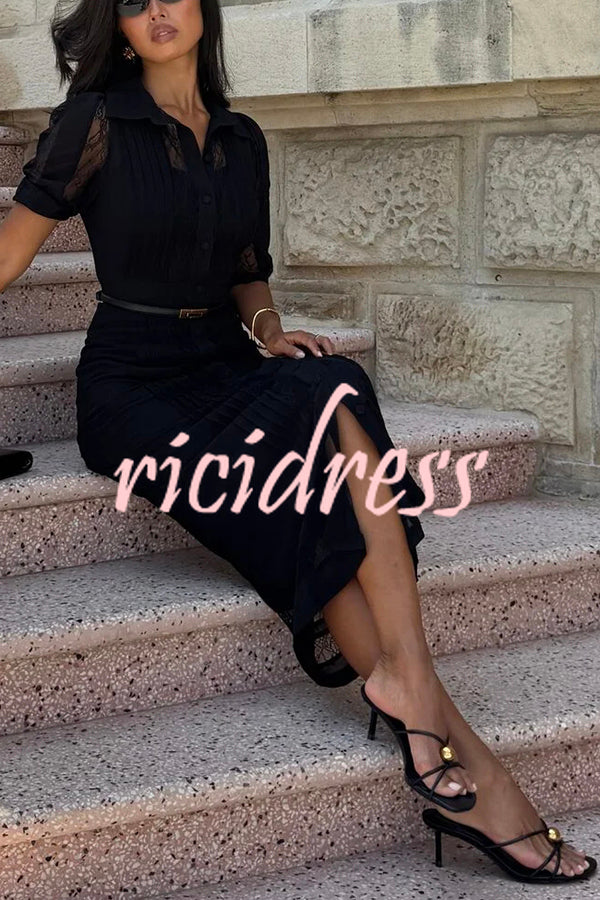 Lysette Lace Trim Pleated Button Up Short Sleeve Shirt Midi Dress