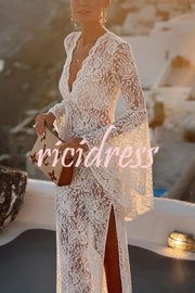 Dream Love Floral Lace Bell Sleeve V-neck Slit Maxi Dress