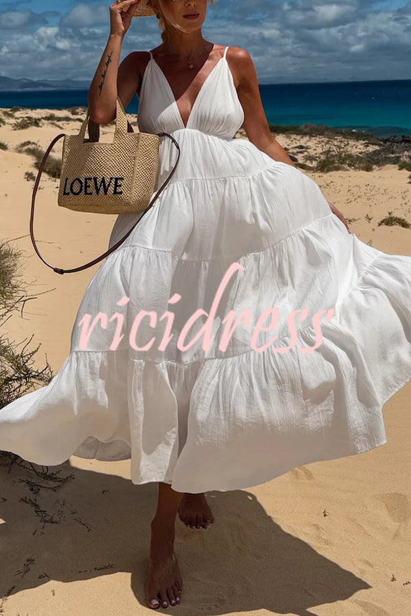 Bohemian Style V-neck Backless Slip Layered Vacation Maxi Dress