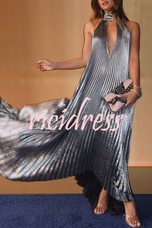 Celebration Party Pleated Metallic Fabric High Deep V-cutout Halter Neck A-line Maxi Dress