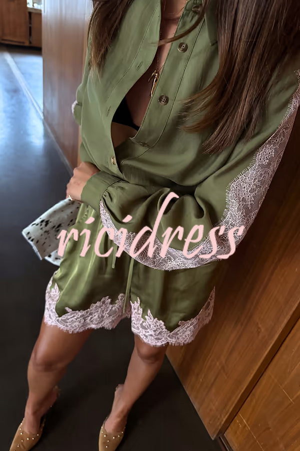 Eye-catching Work Contrast Color Lace Trim Button Up Long Sleeve Loose Blouse