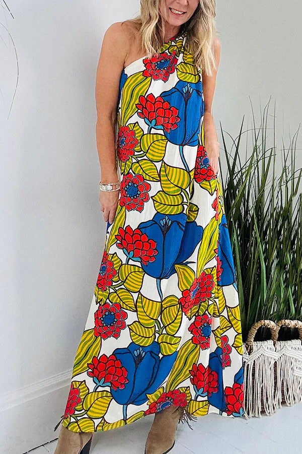 Floral Unique Printed One Shoulder Pocketed Loose Maxi Dress