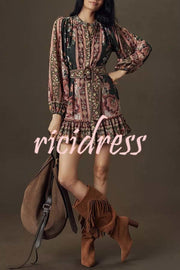 Brazilian Style Unique Floral Print Puff Sleeve Belted Pleated Hem Mini Dress