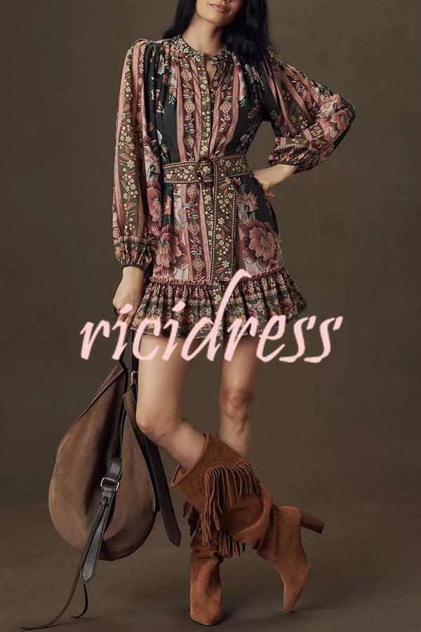 Brazilian Style Unique Floral Print Puff Sleeve Belted Pleated Hem Mini Dress