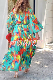 Multicolor Printed Lapel Balloon Sleeves Tie-waist Maxi Dress