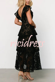 Solid V-neck Ruffled Sleeves Cinched Waist Maxi Dress