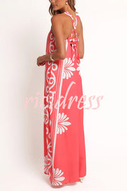 Unique Print Square Neck Open Back Tie Bow Holiday Maxi Dress