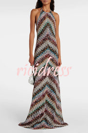 Jodie Knit Colorful Herringbone Print Halter Open Back Maxi Dress