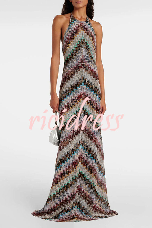 Jodie Knit Colorful Herringbone Print Halter Open Back Maxi Dress