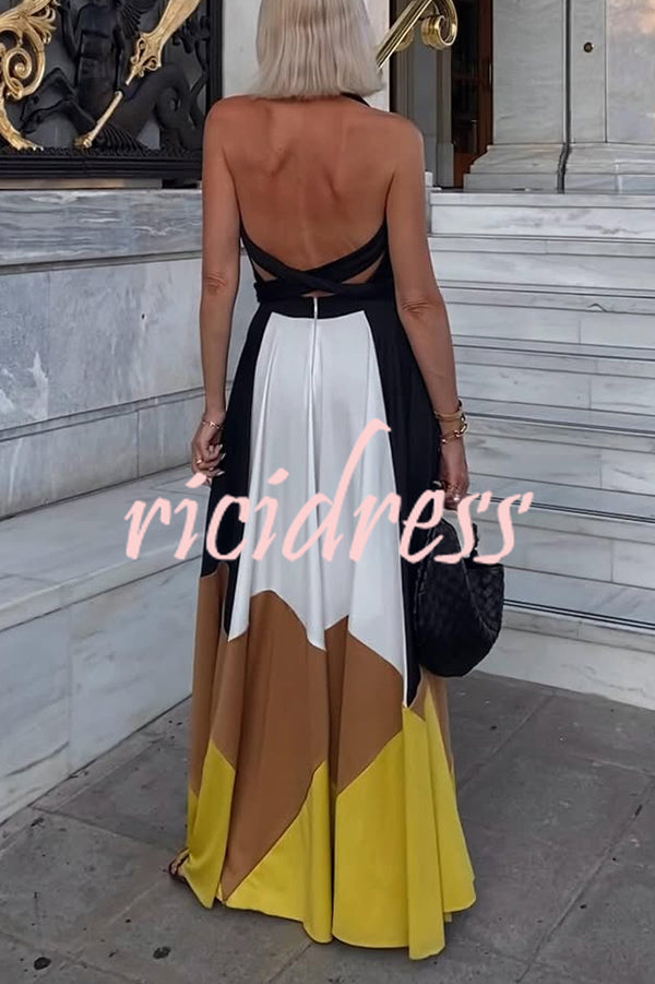 Fashion Colorblock Sexy Backless Tie Waist Full Hem Maxi Dress