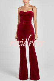 Eliza Luxurious Velvet Fabric Jewel-embellished Shoulder Straps Belted Flare Jumpsuit