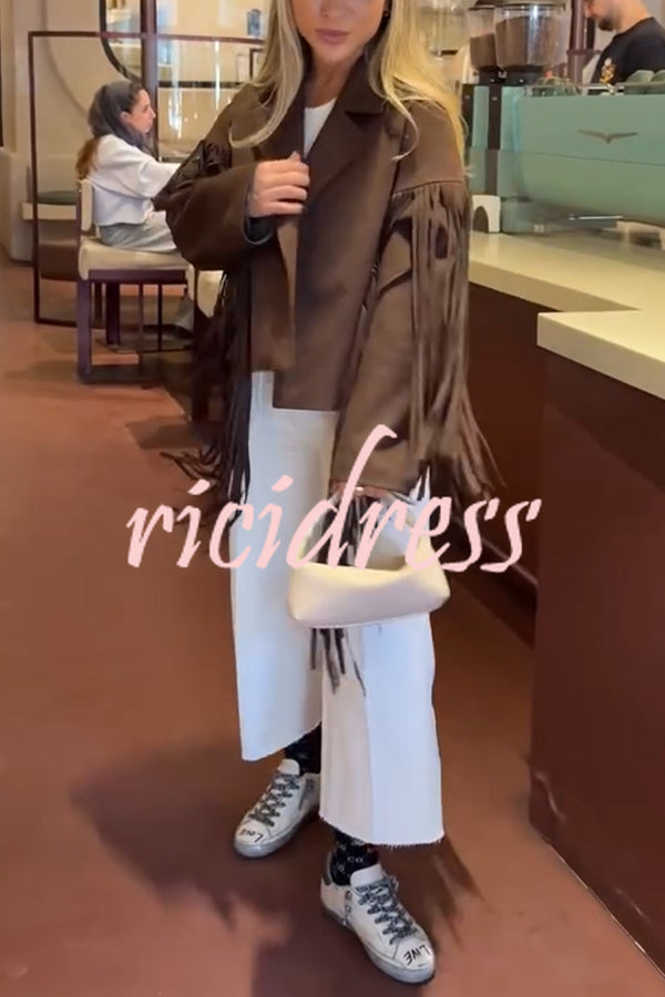 Western City Suede Long Tassels Long Sleeve Lapel Relaxed Jacket