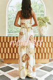 Island Time Linen Blend Unique Print Strapless Top and Elastic Waist Pocket Loose Pants Set