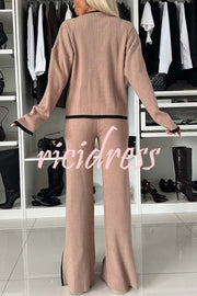 Warm Embrace Knit Ribbed Colorblock Trim Pocket Top and Stretch Slit Pants Set