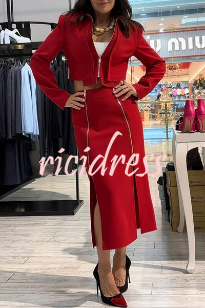 Stylish Mood Zippered Detail Crop Jacket and High Rise Stretch Slit Midi Skirt Set