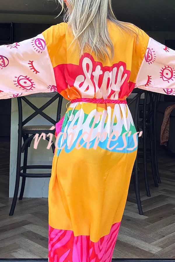 Elevate Beach Style Unique Print Long Sleeve Belted Pocket Cover-up Kimono