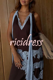 Sunday Social Contrast Color Satin Lace Trim Neck Strap Loose Tank