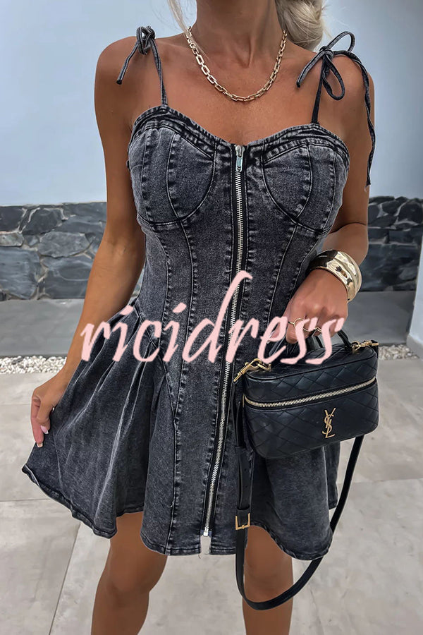 Sweet and Unique Washed Denim Center Front Zipper Stretch Mini Dress