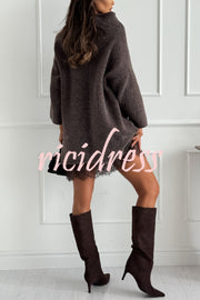 Cozy Ember Knit High Neck Long Sleeve Relaxed Sweater Mini Dress